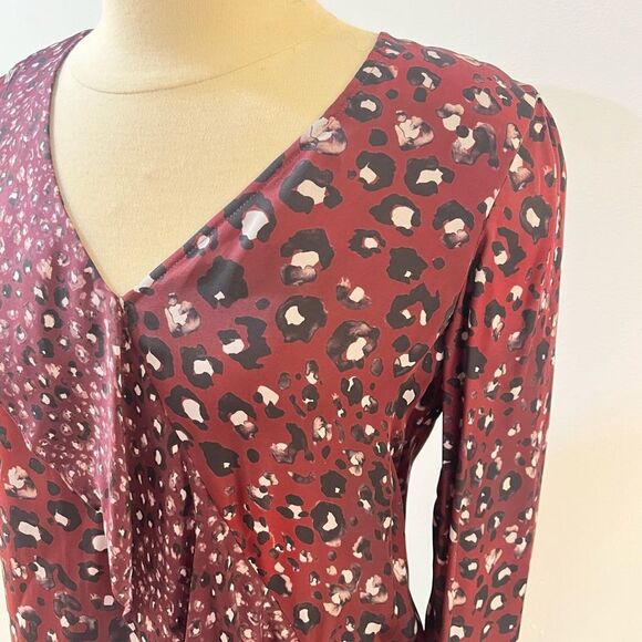 Parker Silk Purple Leopard Printed Bell Sleeve Kimberly Flounce Dress Small - Picture 4 of 8
